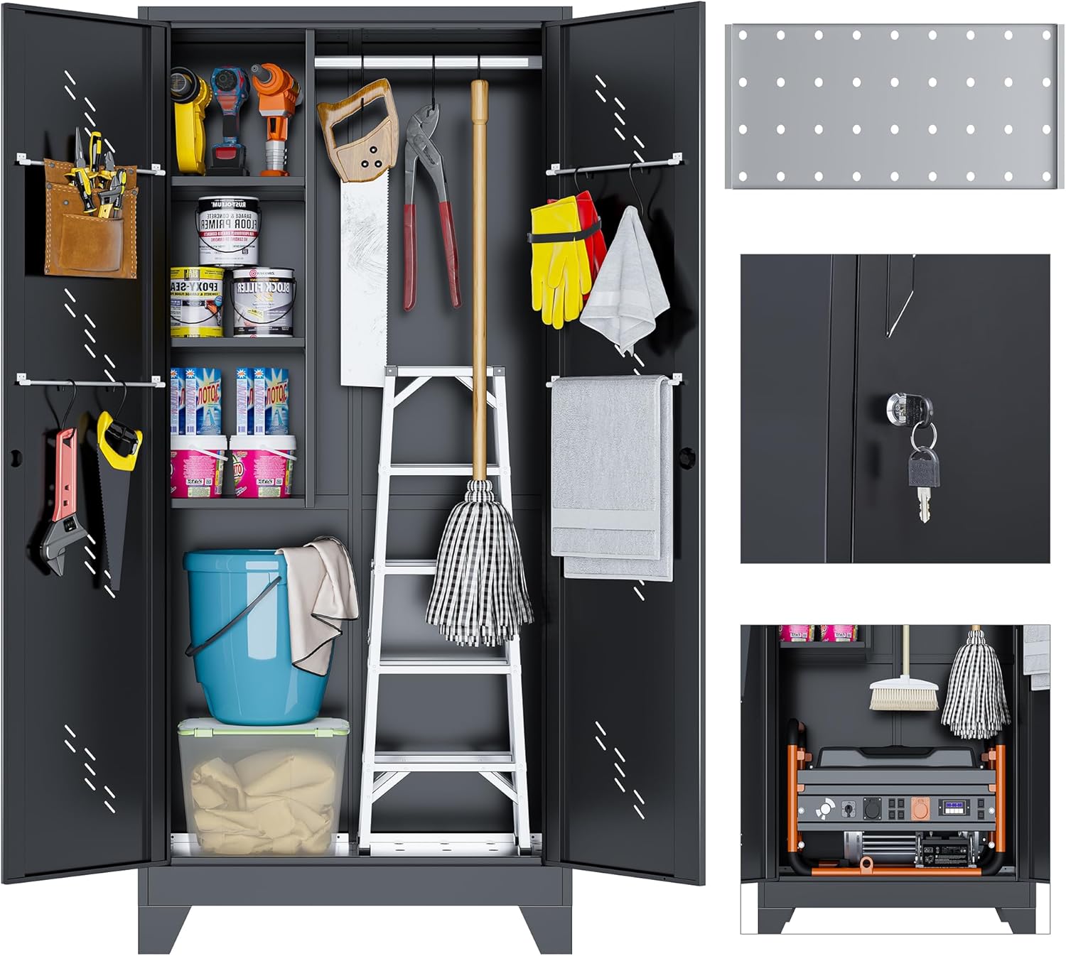 Metal Storage Cabinet, 75' Cleaning Tool Cabinet with Locking Door, Tall Storage Sheds Tool Organizer, Large Broom Cabinet for Bathroom, Laundry Room, Kitchen, Pantry, and Humid Environments