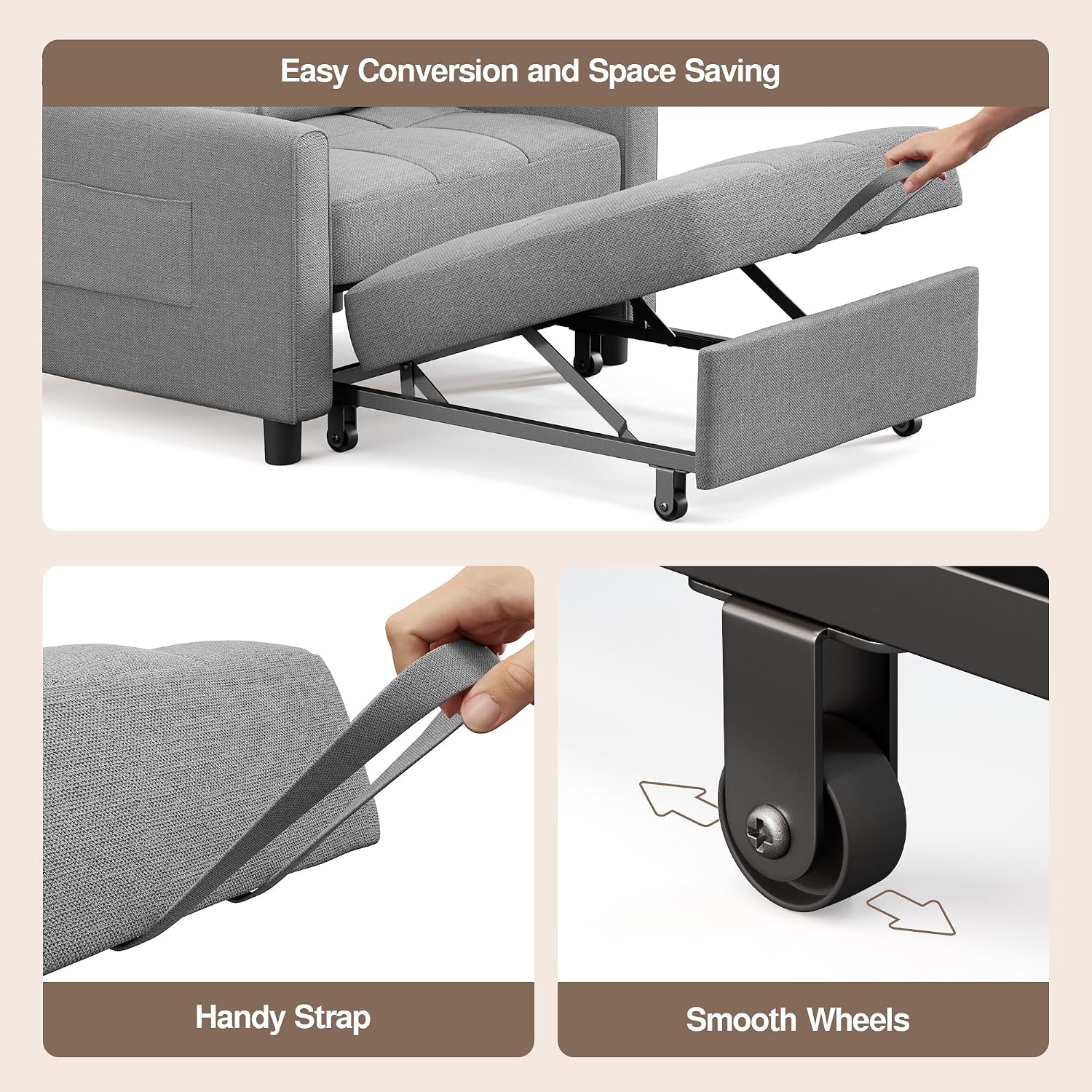 Ahomly Sleeper Sofa Chair Bed, Convertible Sofa Chair 3-in-1, Adjustable Sleeper Chair Pullout Sofa Bed with Modern Linen Fabric for Living Room Apartment Small Space, Grey