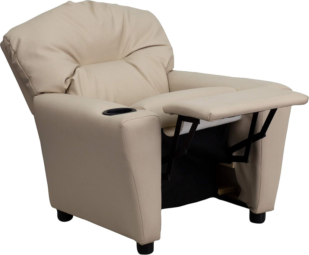 Flash Furniture Chandler Vinyl Kids Recliner with Cup Holder and Safety Recline, Contemporary Reclining Chair for Kids, Supports up to 90 lbs., Beige