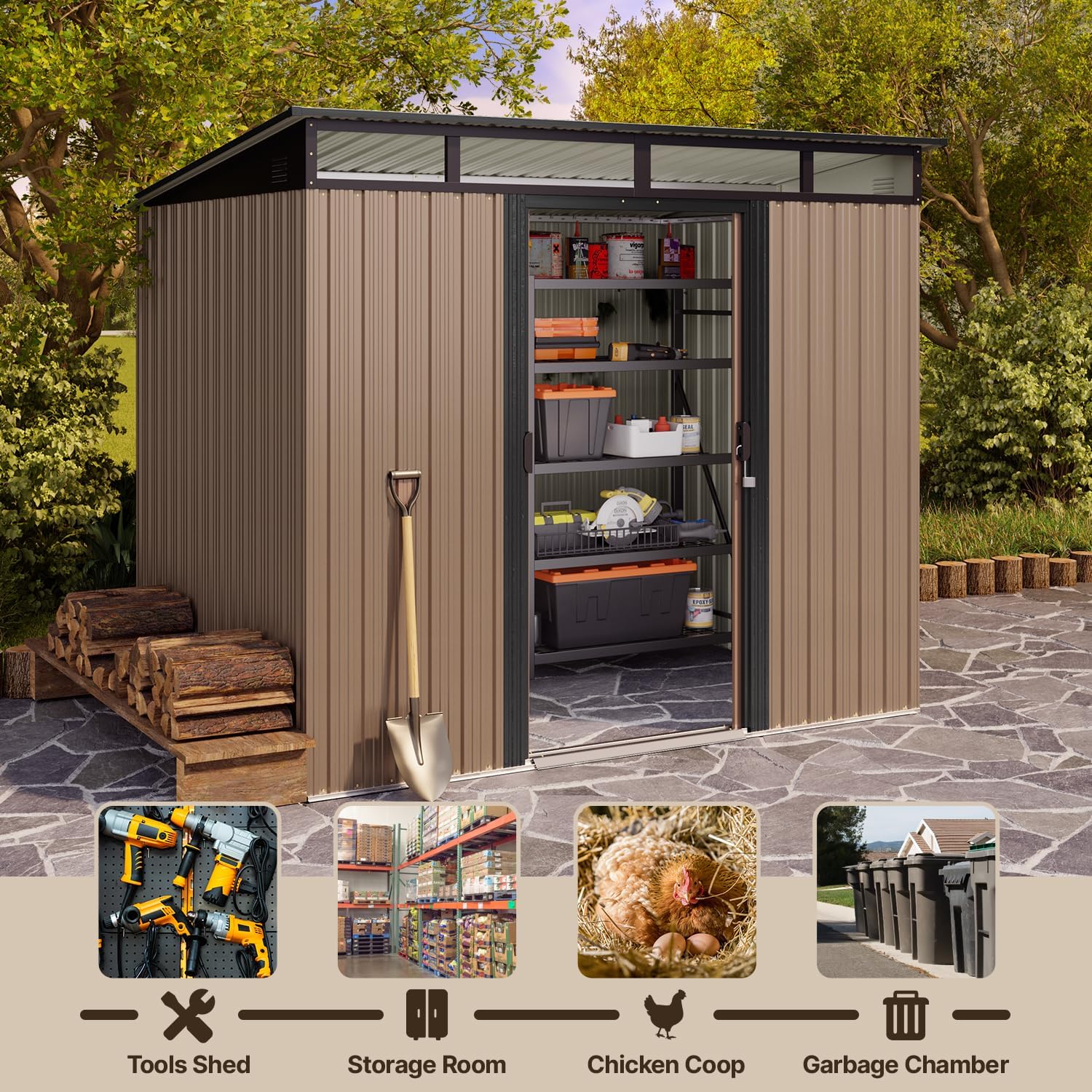 Gizoon 7.4'x5.3' Outdoor Storage Shed Metal Garden Shed with Sliding Lockable Doors, Versatile Tool Bike Shed with Transparent Panel Windows, Outdoor Storage Clearance for Backyard, Patio, Light Brown