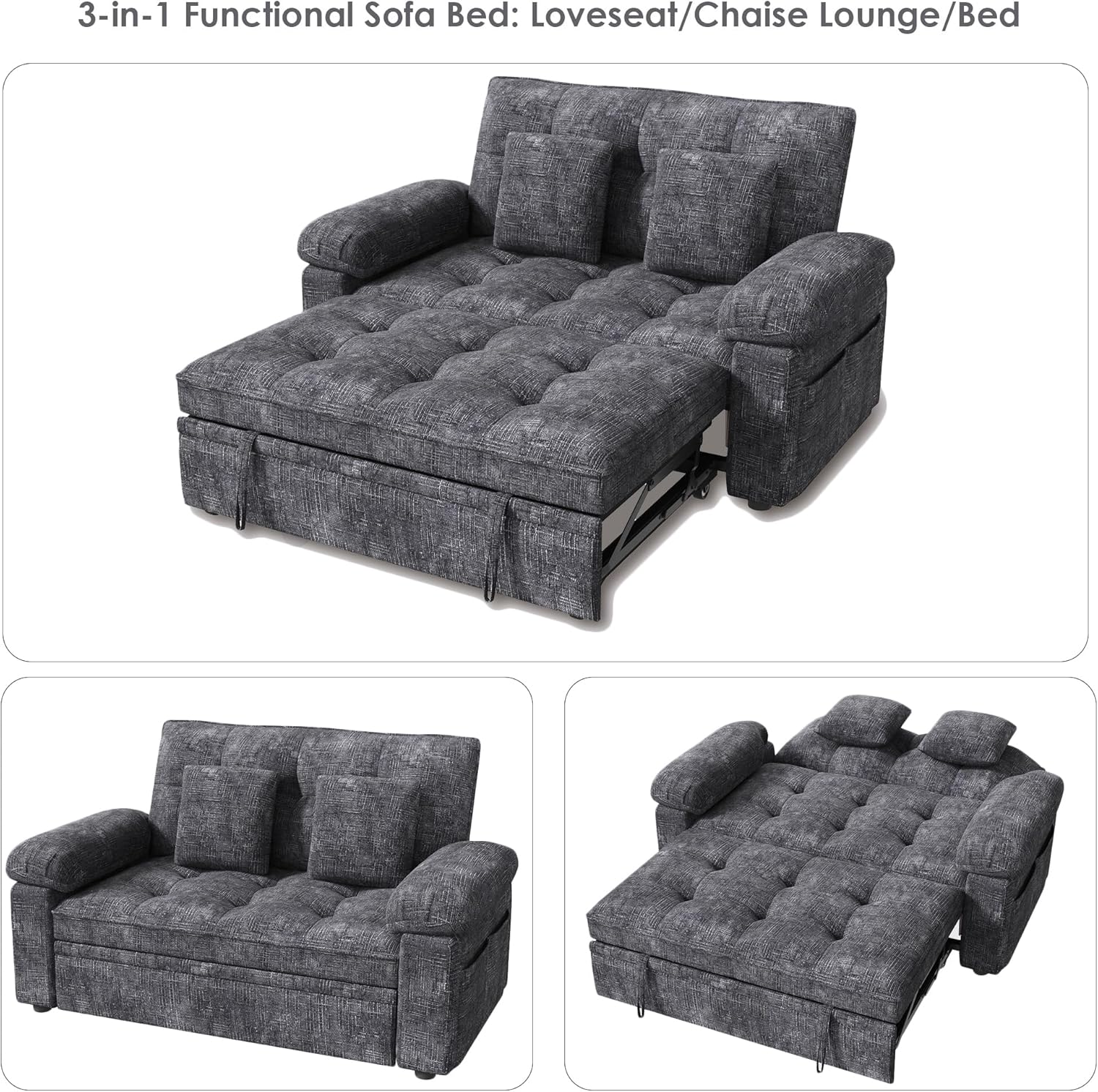 Keyluv 59' Loveseat Sleeper Sofa with USB Ports & Side Pockets, 3 in 1 Convertible Sofa Bed for Living Room/RVs/Camper, Pull Out Couch with Adjustable Backrest, Chenille Grey