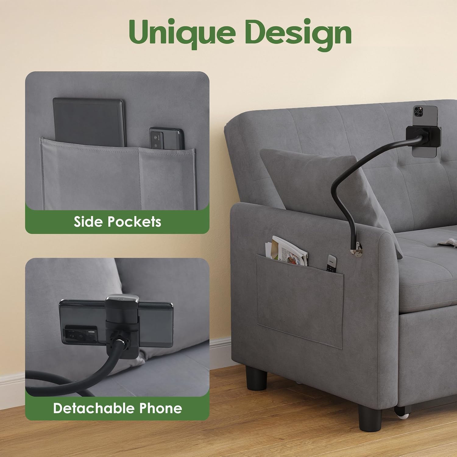 Sleeper Sofa Bed, 3 in 1 Convertible Sleeper Couch Bed Pull Out, Small Loveseat Sofa, Futon Sofa Bed, 46' Velvet Love Seat with Pillow and Phone Holder for Living Room, Grey