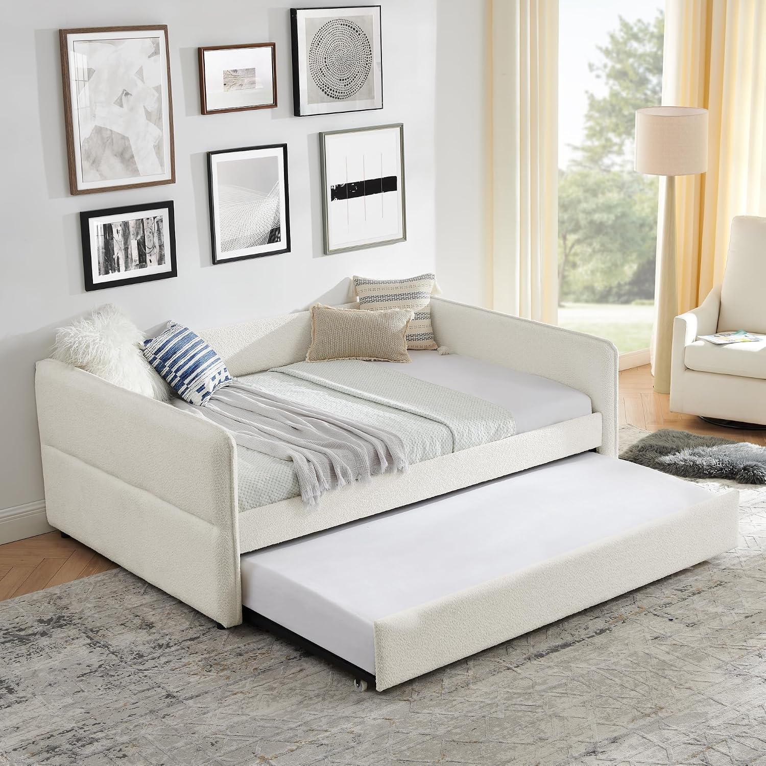 KEIKI Full Size Upholstery Tufted Daybed with Erectable Trundle, Full to King Design Modern Extendable Boucle Sofa Bed, Easy Assembly, No Box Spring Required, for Living Room and Bedroom, Beige
