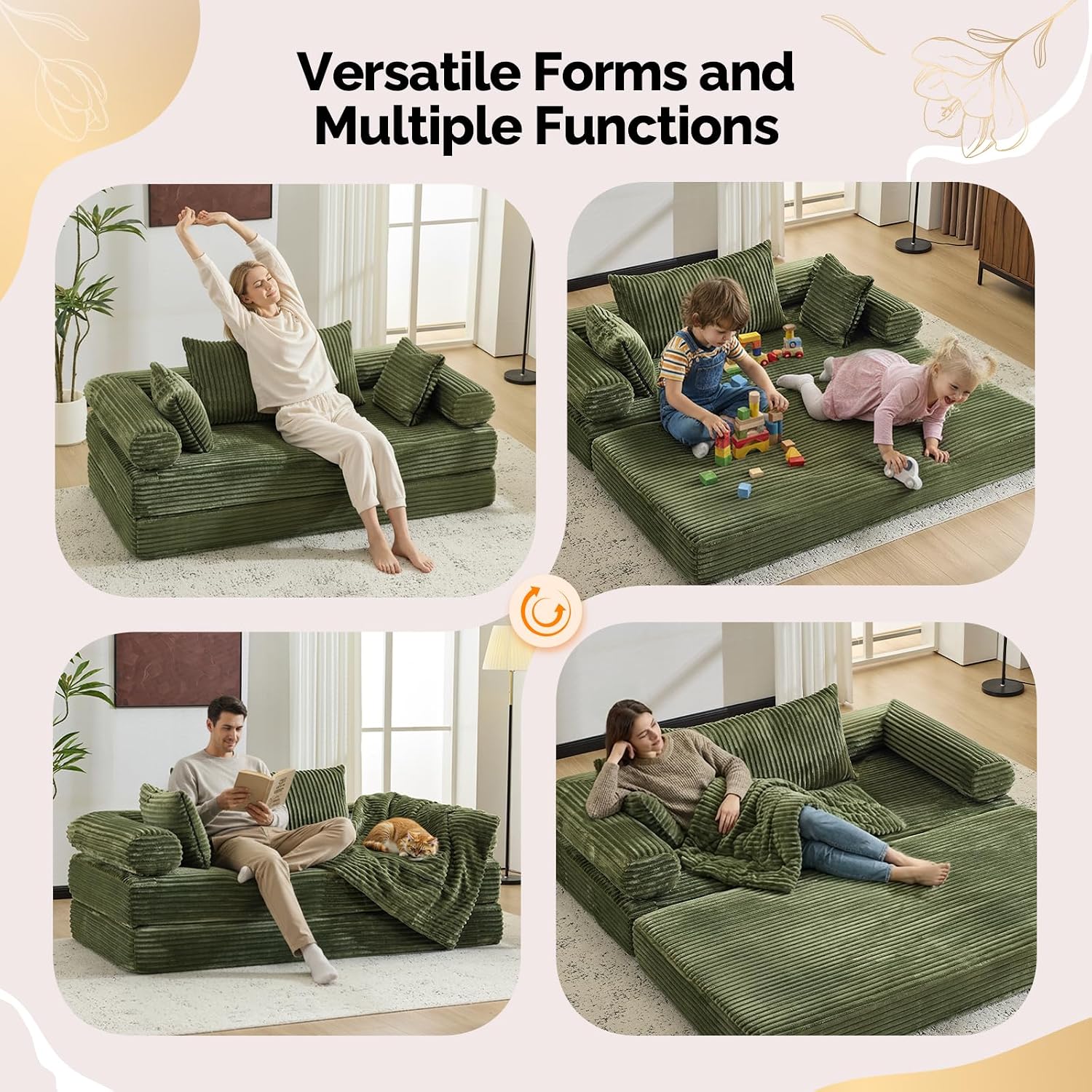 VINGLI Convertible Futon Sofa Bed, Upholstered Corduroy Boneless Couch King Size Floor Loveseat Sleeper Sofa with 2-in-1 Throw Pillow & Blanket Couches for Living Room, Bedroom, Lounge, Green