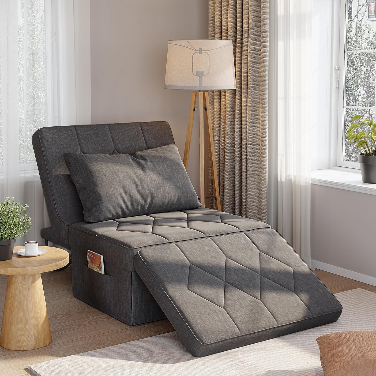 Ottoman Bed with 5-Level Adjustable Backrest, 70' D x 34' W 4-in-1 Convertible Sleeper Chair Bed, Folding Sofa Bed for Living Room, Apartment, Dorm & Small Space, Dark Grey