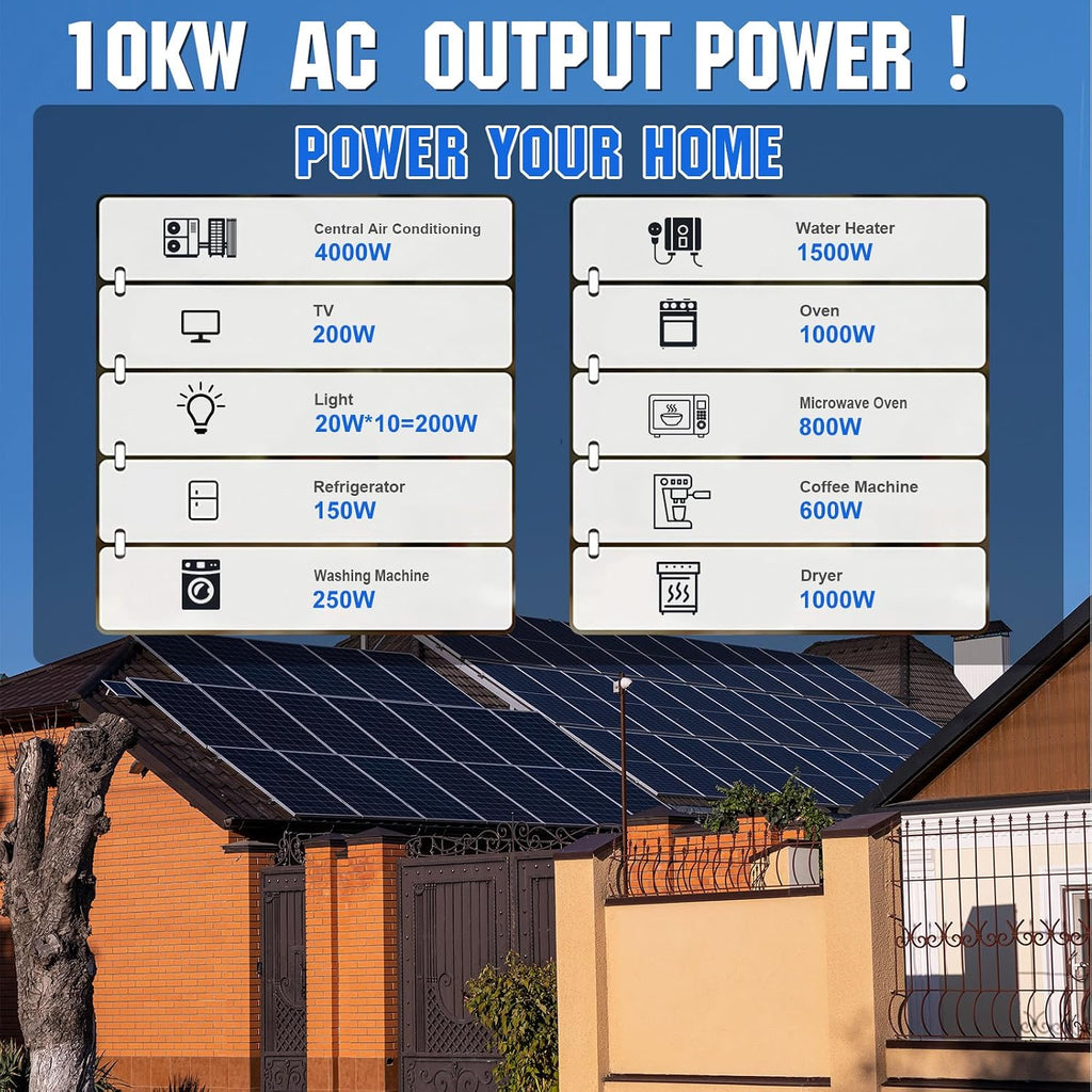 ECO-WORTHY 10000W Complete Off-Grid Solar Panel Kit for Home| 10KW 120V/240V Output Split Phase| 20.48kWh Lithium Battery with Rack| 9840 Watts Solar Panel PV