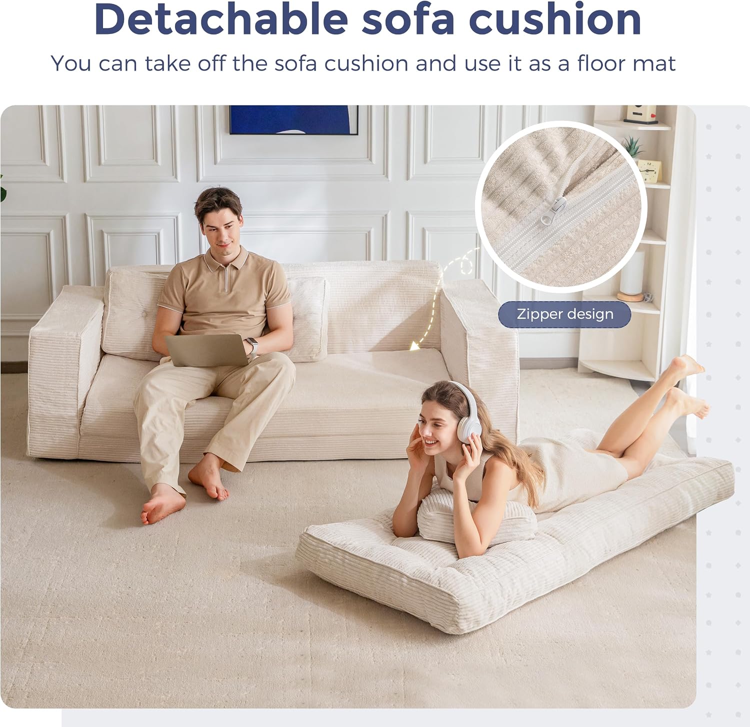 MAXYOYO Convertible Sofa Bed, Pull Out Oversized Loveseat Sleeper Sofa, 2 in 1 Folding Couch Bed, Fold Out Floor Couch with Pillows for Living Room Bedroom Lounge, Beige