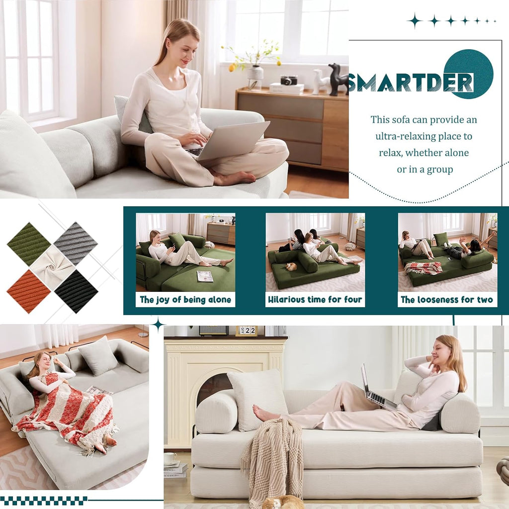 Convertible Folding Sofa Bed, Modular Floor Sofa with Removable Backrest, 3-Seater Fold Out Couch Bed with Pillows, King Size Futon Lazy Couch Corduroy Sleeper for Living Room, Dorm, Beige