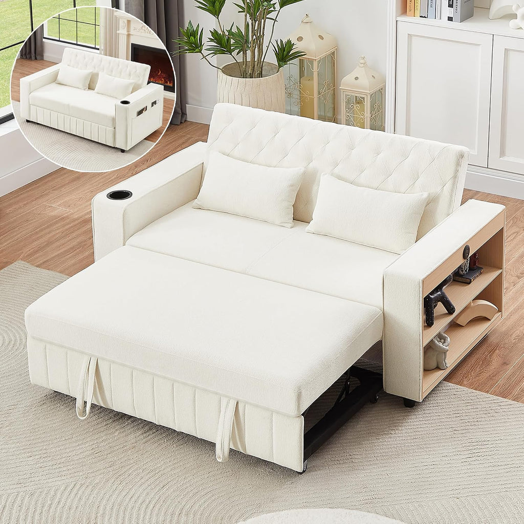 Merax Pull-Out Sleeper Sofa Bed with Reversible Backrest and Storage Shelves, 3 in 1 Foton Couch with USB Ports & Phone Holder, Chenille Loveseat with Pillows for Living Room, Beige