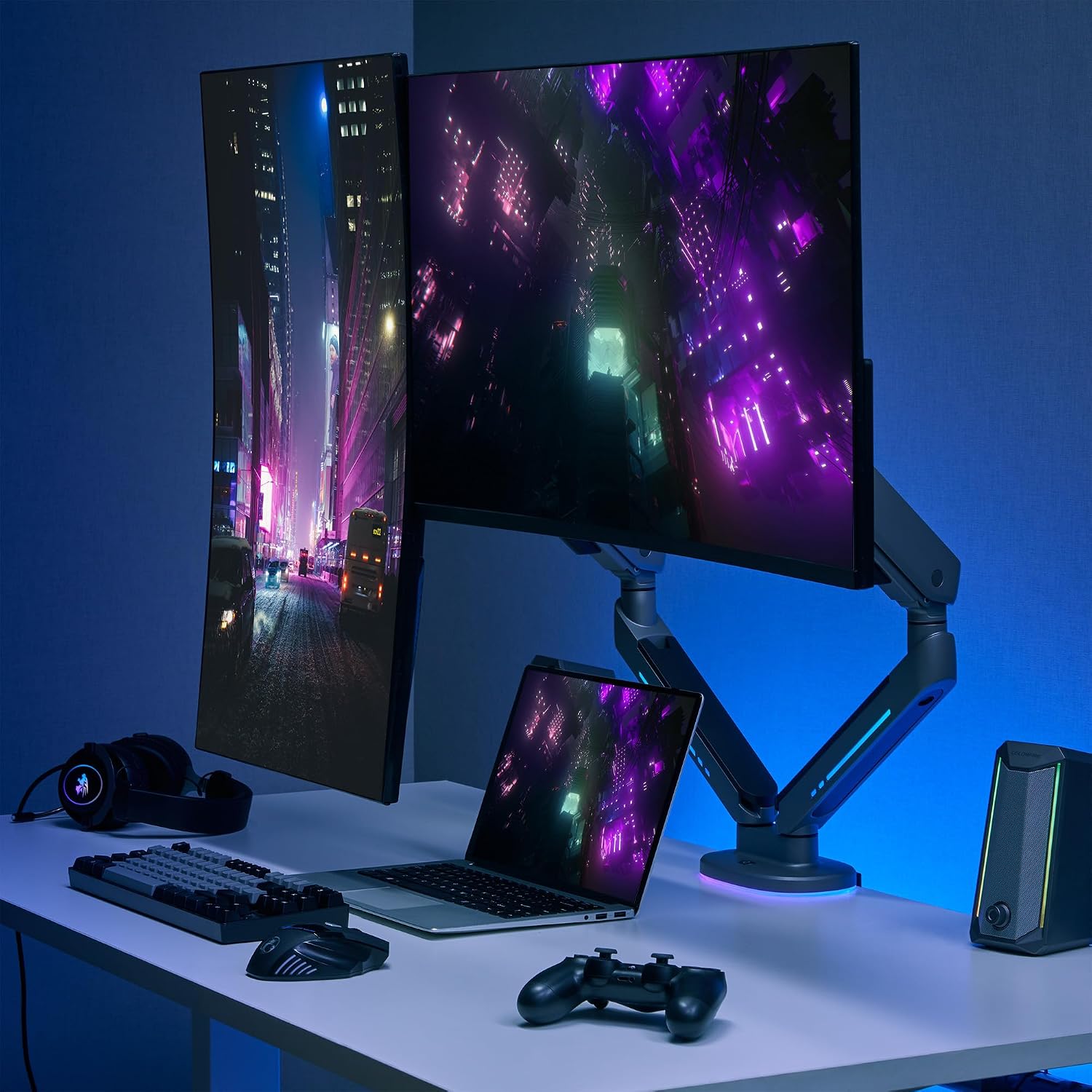 AVLT Dual 27'-43' RGB Gaming Monitor Arm Desk Mount Built-in 20 Lighting Modes Touch Button Control Fits Flat/Curved/Ultrawide Screen Height Swivel Tilt Rotation Adjustable Monitor Stand -Dark Gray