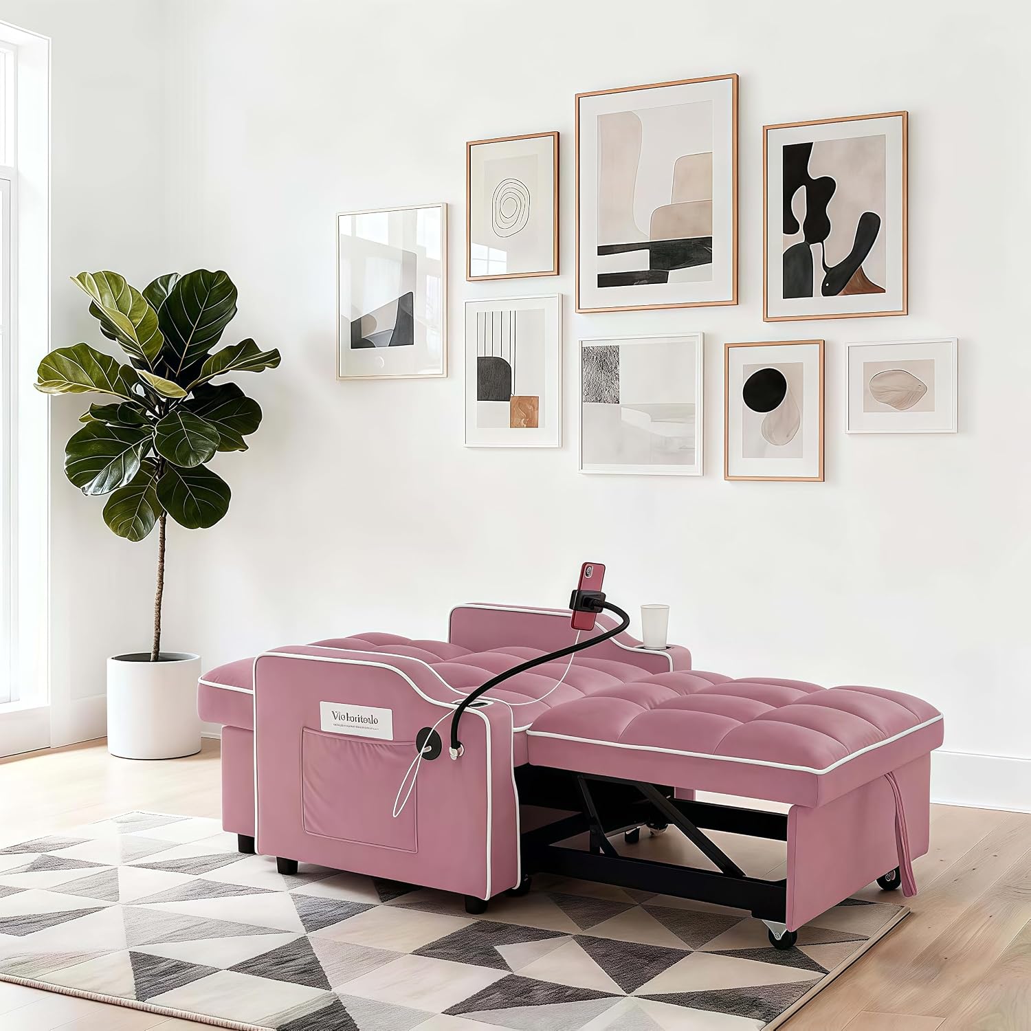 Convertible Armchair Sofa Bed with USB Port & Phone Holder, Pull-Out Single Chair Bed Sleeper for Small Spaces, Modern Upholstered Recliner Chair (Pink)