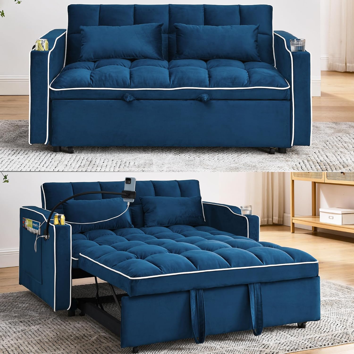 Merax Foldable Sofa Bed with USB Charging Ports, Pull Out Velvet Loveseat Sleeper with Phone Holder, Modern Futon Couch with Cup Holders & Adjustable Backrest for Living Room, Blue