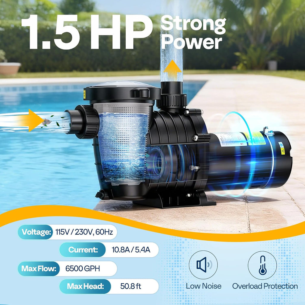 VIVOHOME 1.5 HP 6500 GPH Powerful Copper Motor Dual Voltage Self Primming in/Above Ground Swimming Pool Pump w1.25'' & 1.5' & 2.0'' Unions Energy Saving w/Strainer Basket