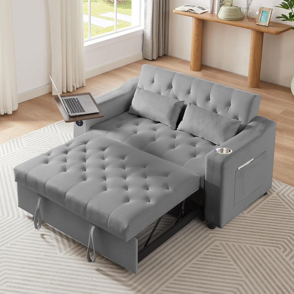 Auvsoce 53'' Convertible Sleeper Sofa Bed with Adjustable Backrest, Chaise Lounge, Side Table & Two Pillows – Stylish & Functional Addition to Any Living Room (Modern Grey)