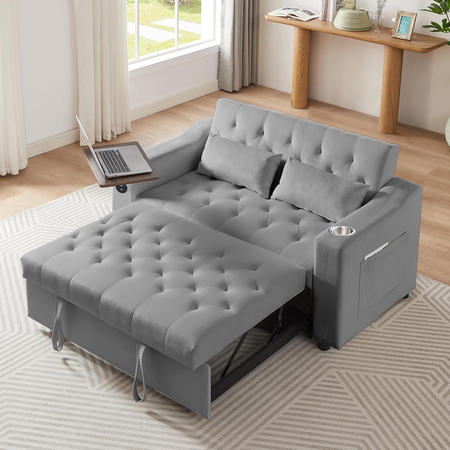 Auvsoce 53'' Convertible Sleeper Sofa Bed with Adjustable Backrest, Chaise Lounge, Side Table & Two Pillows – Stylish & Functional Addition to Any Living Room (Modern Grey)