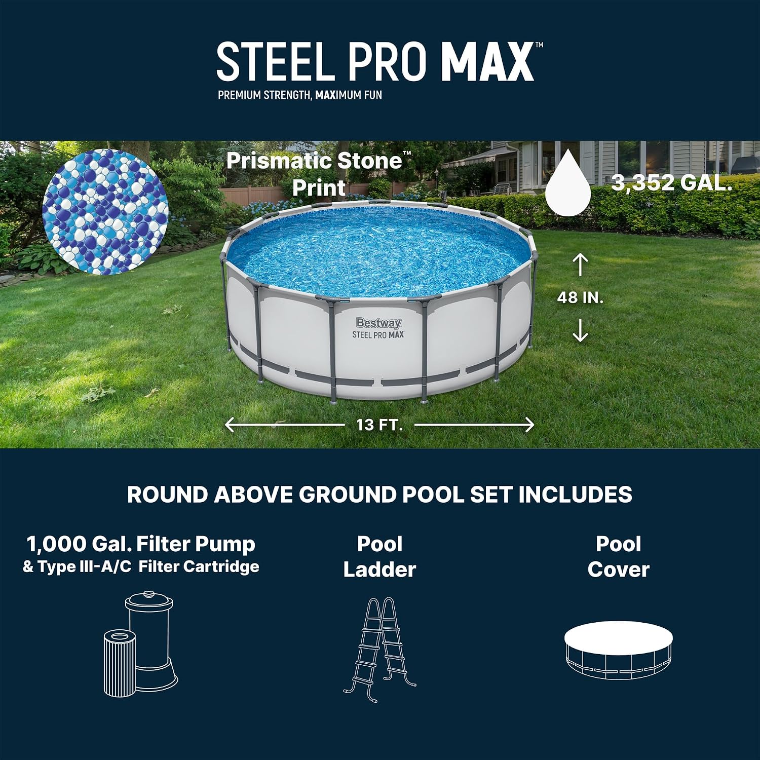 Bestway Steel Pro MAX 13' x 48' Above Ground Pool, Round Metal Frame Outdoor Swimming Pool Set with Filter Pump, Ladder, and Cover, Gray
