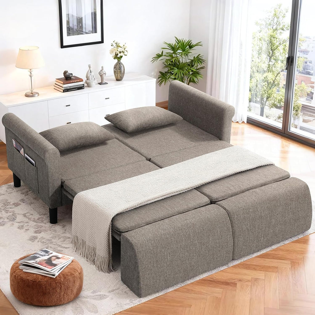 SEJOV 74' Convertible Sofa Bed, 5-in-1 Loveseat Sleeper Sofas with Pull Out Couch Bed, Storage Pockets & 2 Pillows, Modern Folding Linen Futon Couch for Living Room, Bedroom, Small Space, Brown