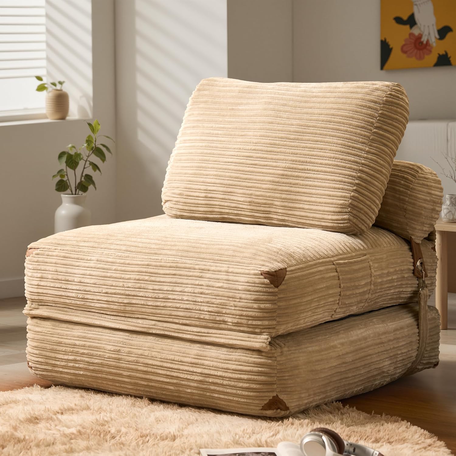 ovios Folding Sofa Bed, Foldable Sleeper Chair Floor Futon, Comfy Portable Convertible Fold Out Lounge Chairs for Living Room Bedroom, Beige