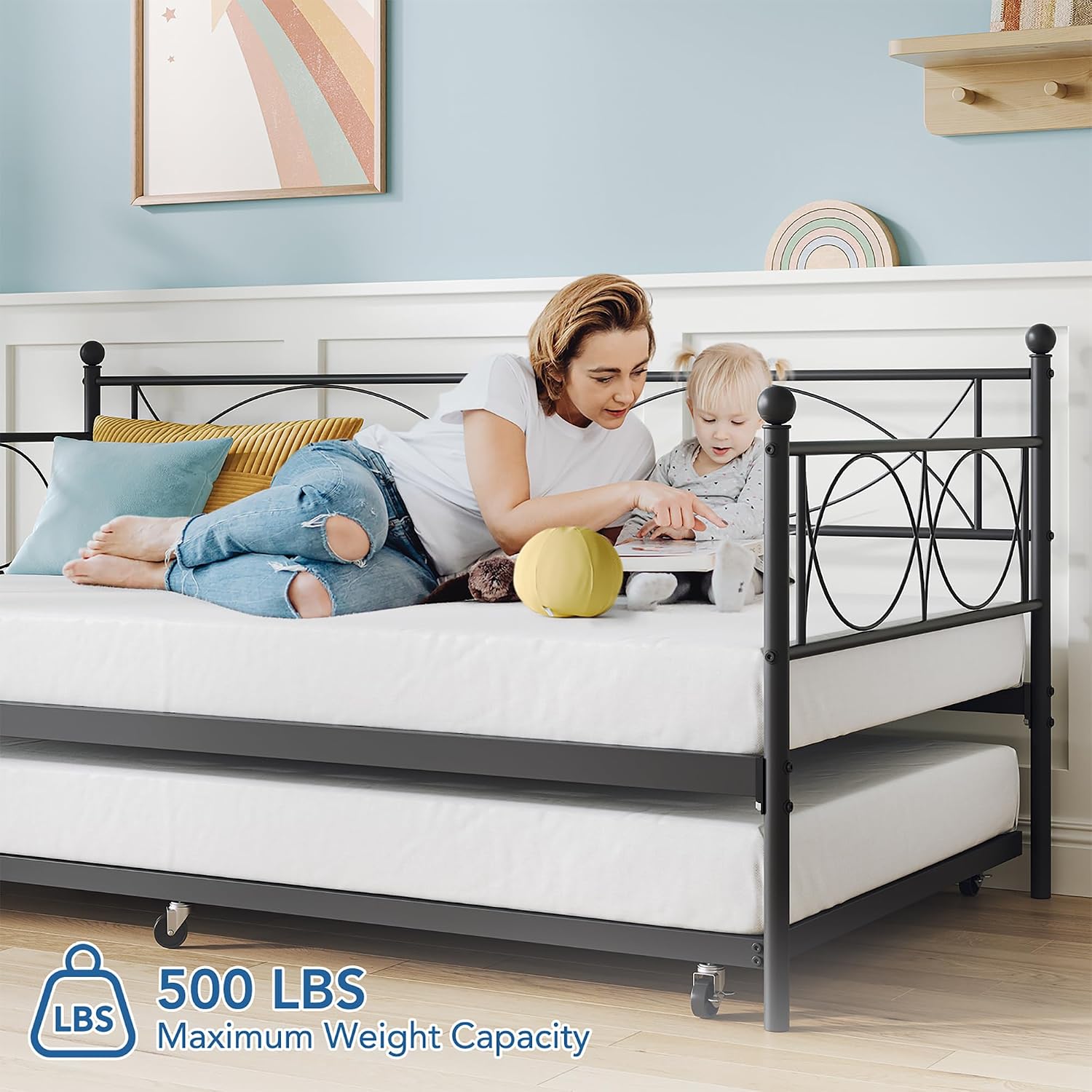 IDEALHOUSE Twin daybed with Trundle, Metal Twin Daybed and Trundle Set, Day Bed Sofa Bed Frame with Steel Slat Support, Multifunctional Daybed Frame for Bedroom (Modern - Black)