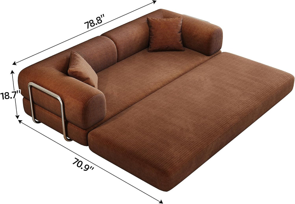 79' Convertible Sofa Bed, Corduroy Folding Pull Out Couch with Pillows, No Assembly Modern Boneless Couch Compression Sofa in Box, Floor Sofa with Support Rods for Living Room,Brown