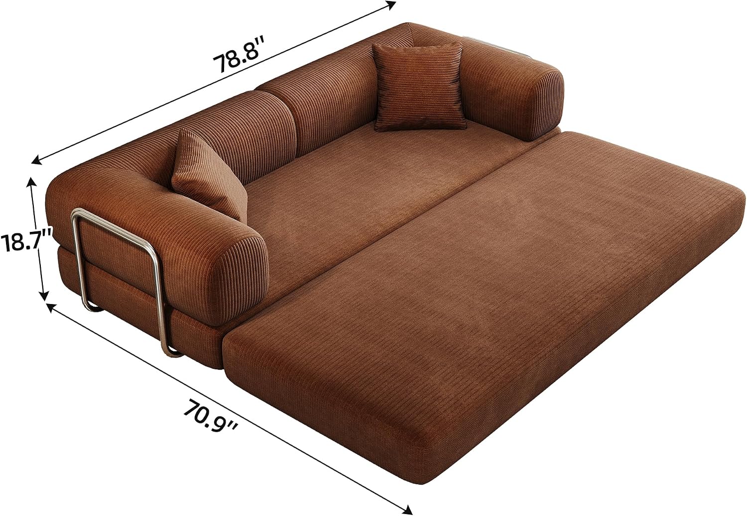 79' Convertible Sofa Bed, Corduroy Folding Pull Out Couch with Pillows, No Assembly Modern Boneless Couch Compression Sofa in Box, Floor Sofa with Support Rods for Living Room,Brown