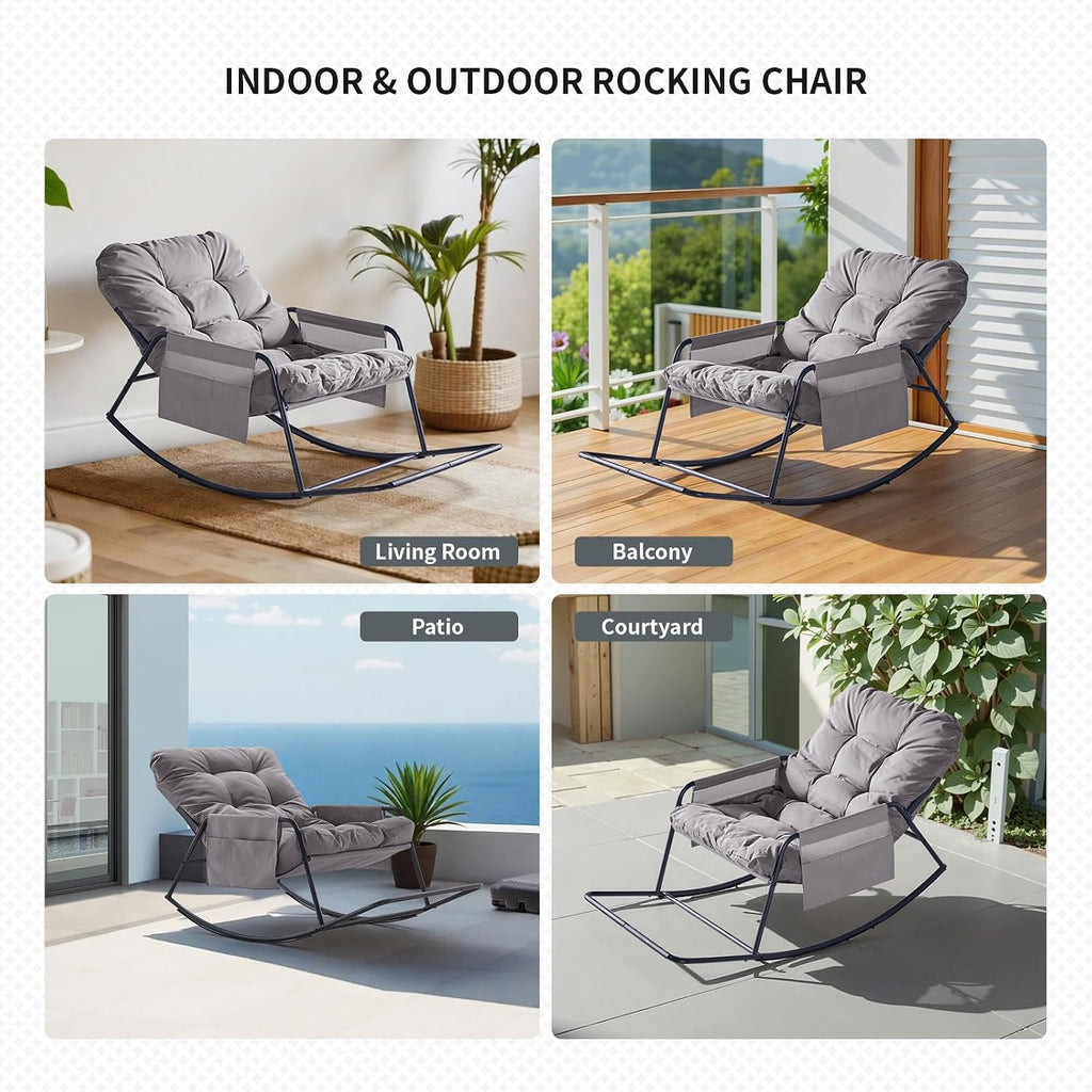 Outdoor Rocking Chair, Modern Cozy Lounge Patio Rocker, Indoor Reading Chair with Side Pockets, Anti-Slip Base for Bedroom, Living Room, Porch, Garden, Lawn