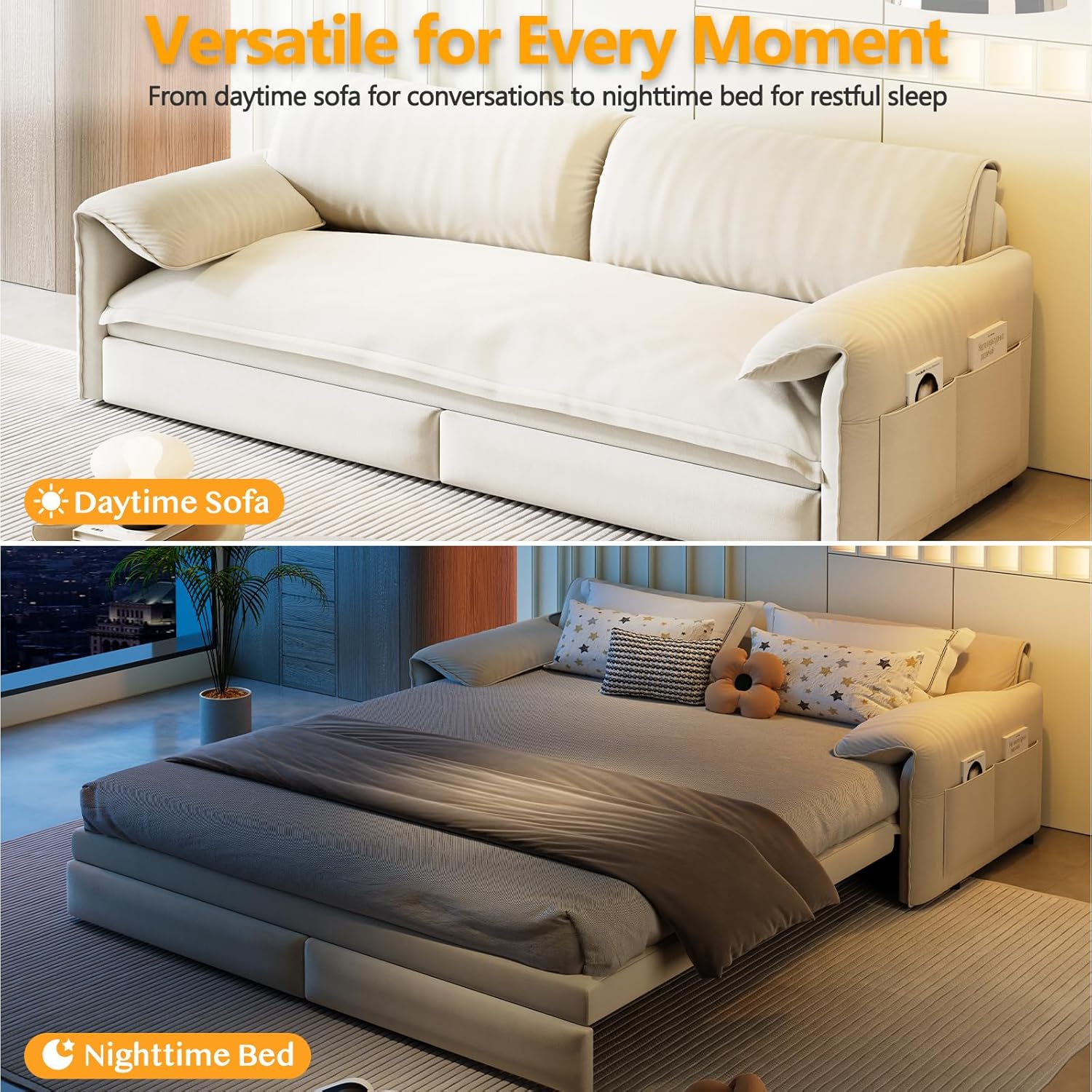 63.8' Sofa Bed Queen Size, Pull Out Couch Bed, 3-in-1 Convertible Sleeper Sofa with Side Pocket, Modern Velvet Futon Couch for Living Room, Small Space, Apartment, Bedroom, Beige