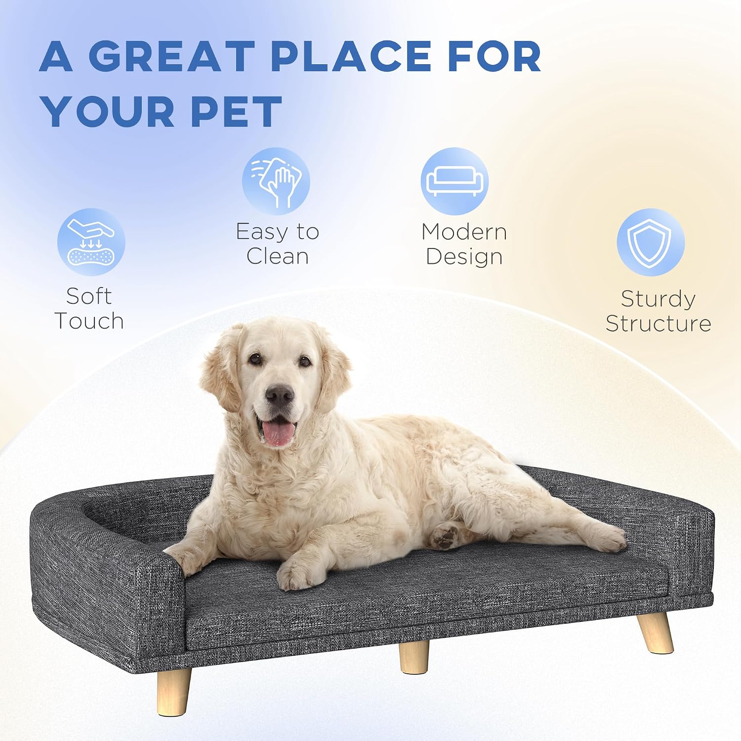 PawHut Dog Sofa Couch, Pet Bed with Comfortable Luxury Cushion, Washable Cover, Wooden Legs, Anti-Slip Mat for Large Dogs, Cats, Kittens, Dark Gray