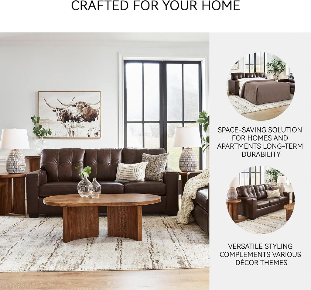 Signature Design by Ashley Santorine Classic Leather Match Tufted Sofa Sleeper with Bi-Fold Memory Foam Mattress, Queen, Dark Brown