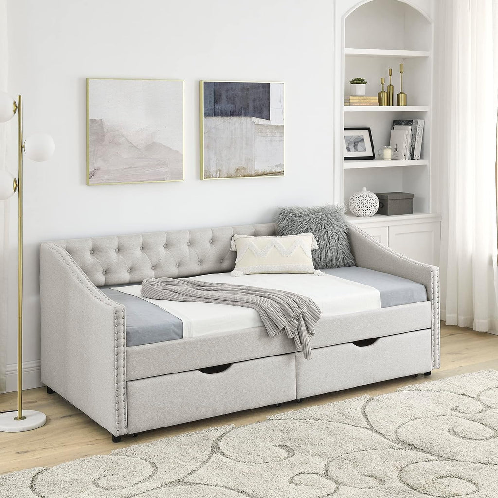 KEIKI Twin Size Upholstery Daybed with 2 Drawers and Headboard, Mid-Century Style Tufted Sofa Bed with Button on Back, Easy Assembly, No Box Spring Required, for Living Room and Bedroom, Beige