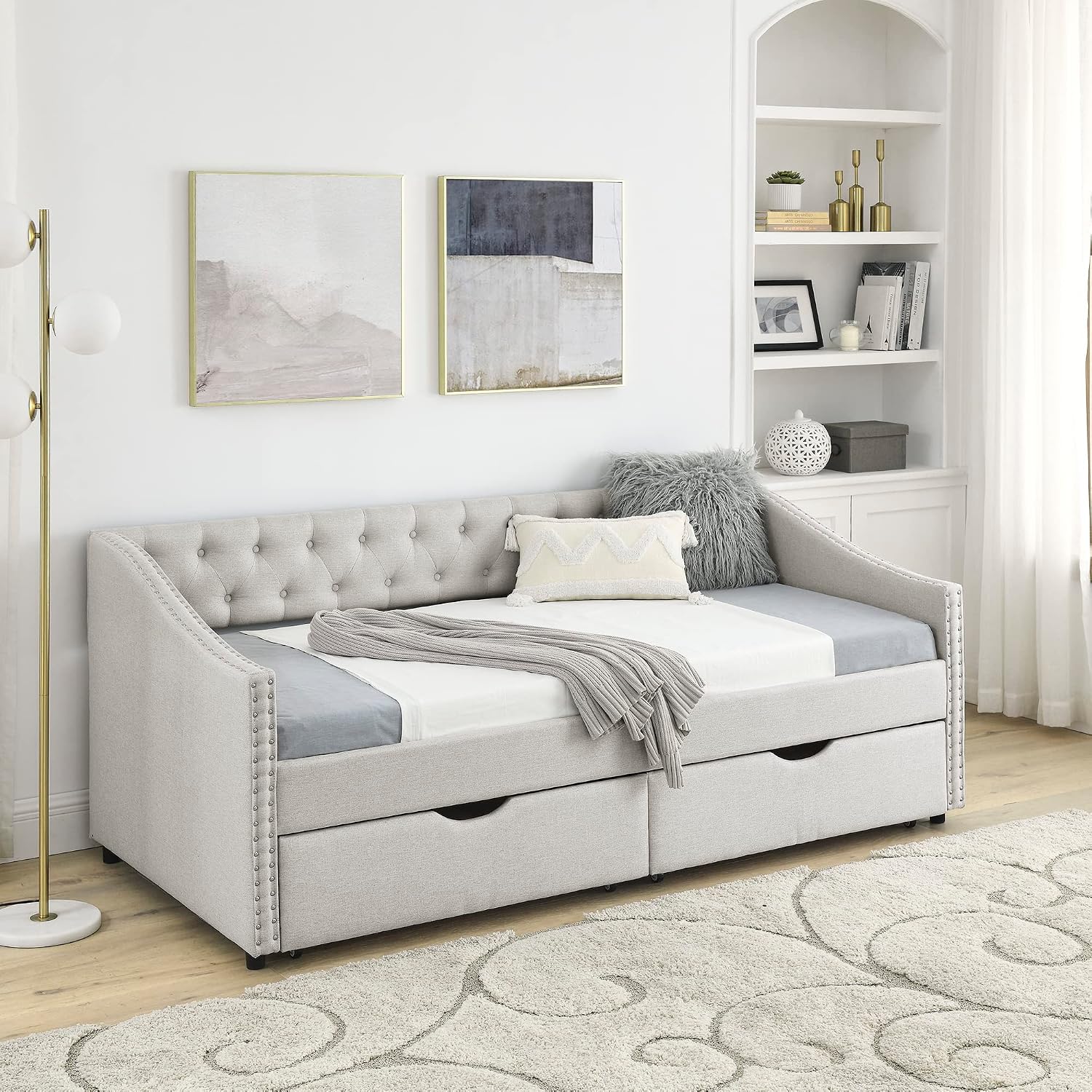 KEIKI Twin Size Upholstery Daybed with 2 Drawers and Headboard, Mid-Century Style Tufted Sofa Bed with Button on Back, Easy Assembly, No Box Spring Required, for Living Room and Bedroom, Beige