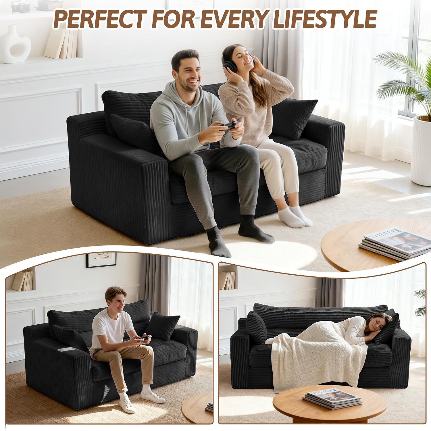 Convertible Sofa Bed, Pull Out Boneless Couch Loveseat Floor Sofa Bed with Pillows, 2-Seater Folding Sofa Loveseat Boneless Couch for Living Room, Bedroom, Apartment, Office (Black)