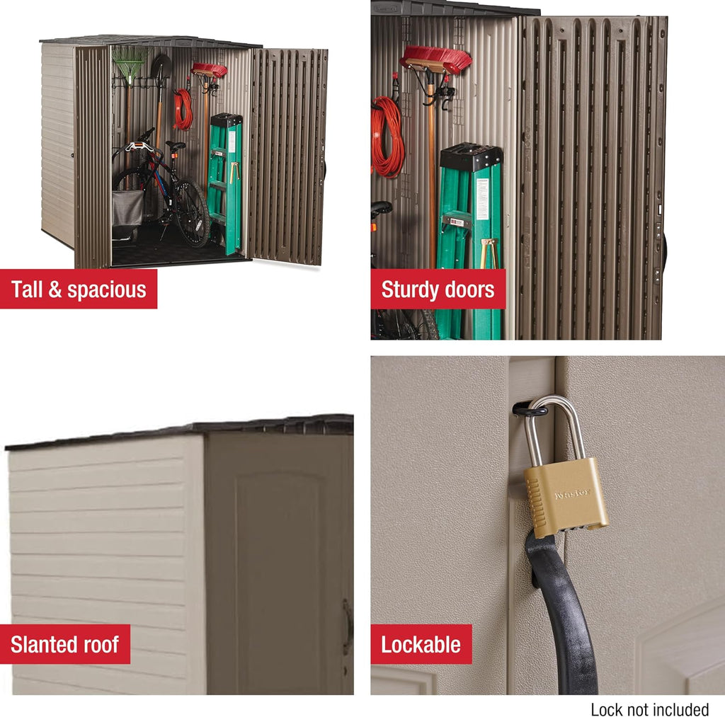 Rubbermaid Large Vertical Resin Outdoor Storage Shed With Floor (5 x 6 Ft), Weather Resistant, Brown, Organization for Home/Backyard/Garden Tools/Lawn Mower/Bike Storage/Pool Supplies