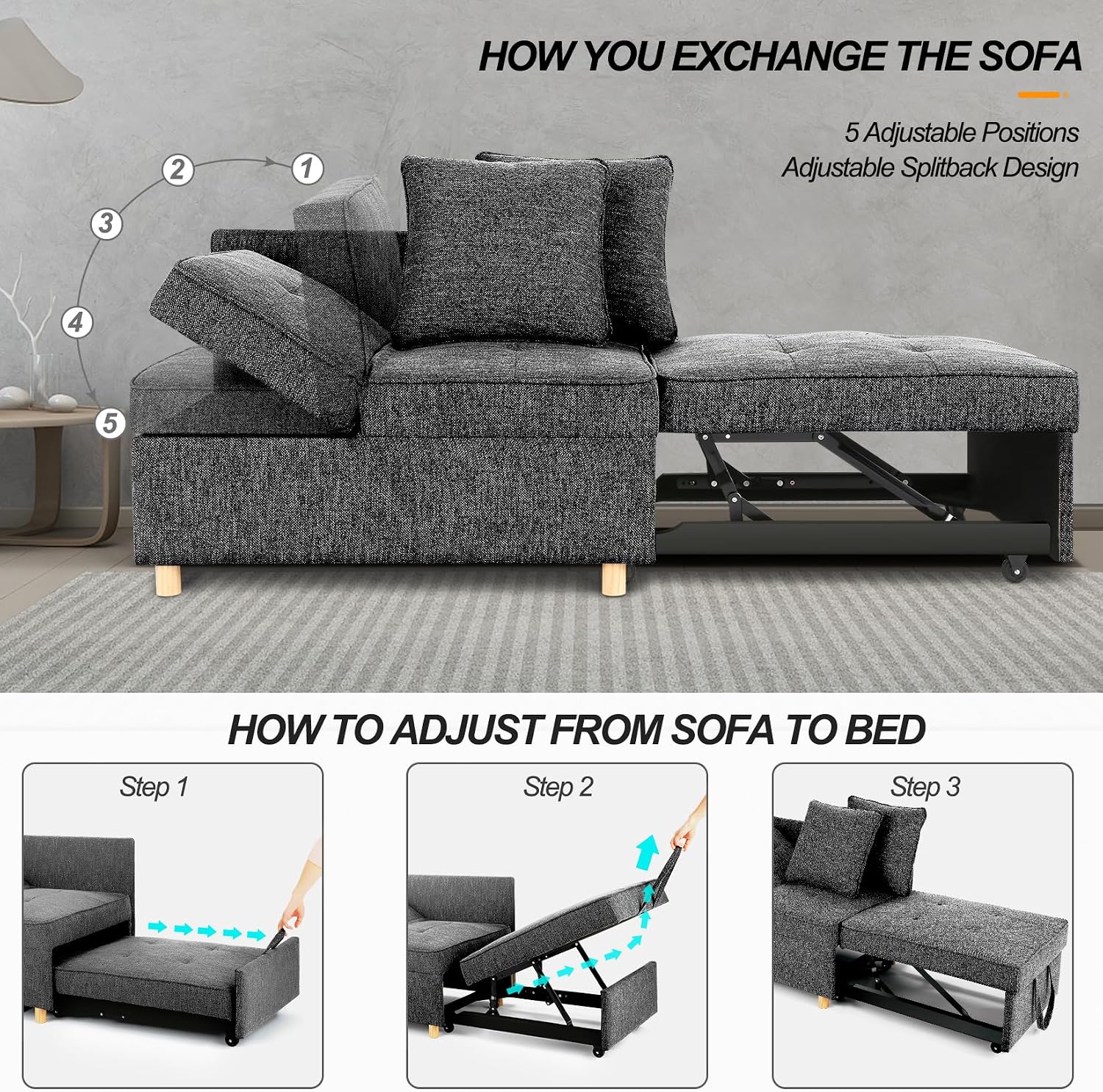 SEJOV Sofa Bed 4-in-1 Convertible Sofas & Couches, 3-Seat Linen Fabric loveseat Sofa with 2 Throw Pillow, Single Recliner for Small Space with 5 Adjustable Backrest, Black