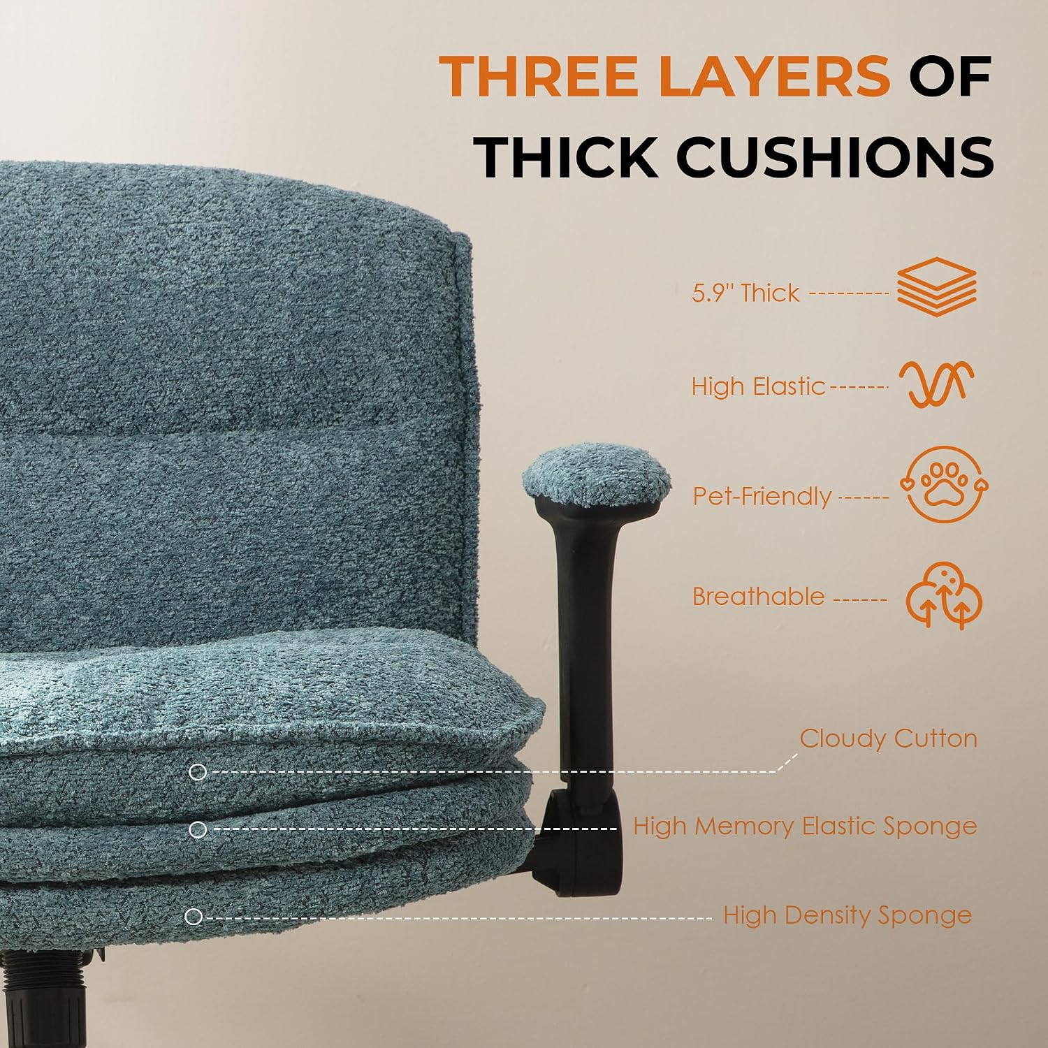 Dowinx Criss Cross Chair with Adjustable Flip-up Arms and Wheels, Comfort Ergonomic Office Desk Armchair with 3 Layer Cushions, Wide Seat Vanity Chair for Home Office, Living Room, Bedroom, Blue