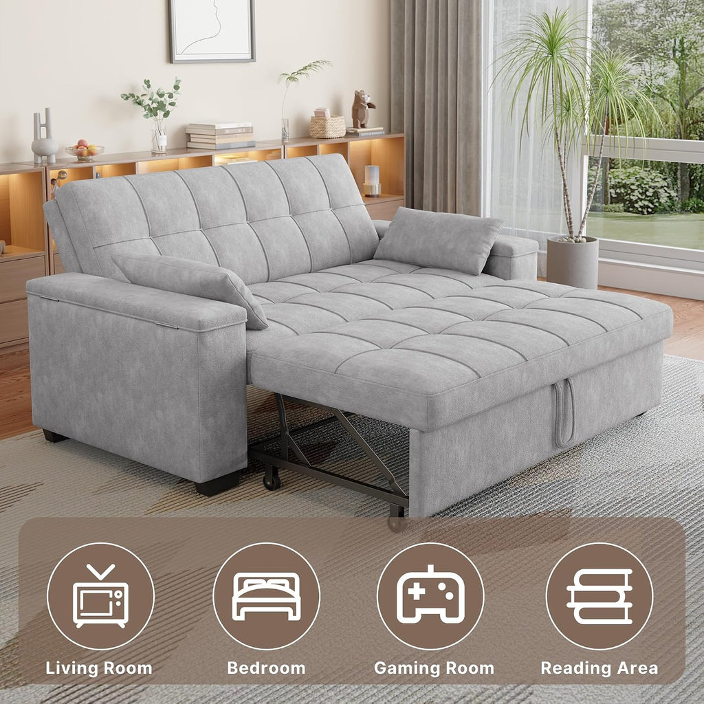 Gizoon Convertible Sofa Bed Futon, 70.9'' Sleeper Loveseat with Pull Out Couch, 3 in 1 Plush Fleece Fabric Futon Couch with Side Pockets, Storage Armrest & Adjustable Backrest for Living Room, Grey