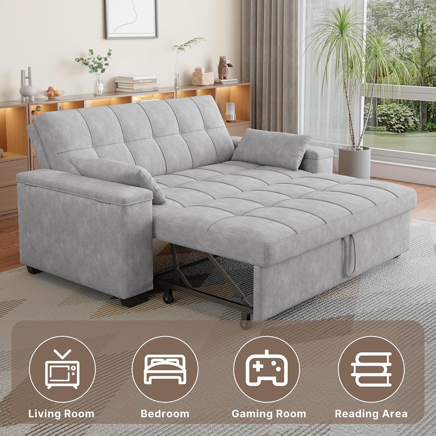 Gizoon Convertible Sofa Bed Futon, 70.9'' Sleeper Loveseat with Pull Out Couch, 3 in 1 Plush Fleece Fabric Futon Couch with Side Pockets, Storage Armrest & Adjustable Backrest for Living Room, Grey