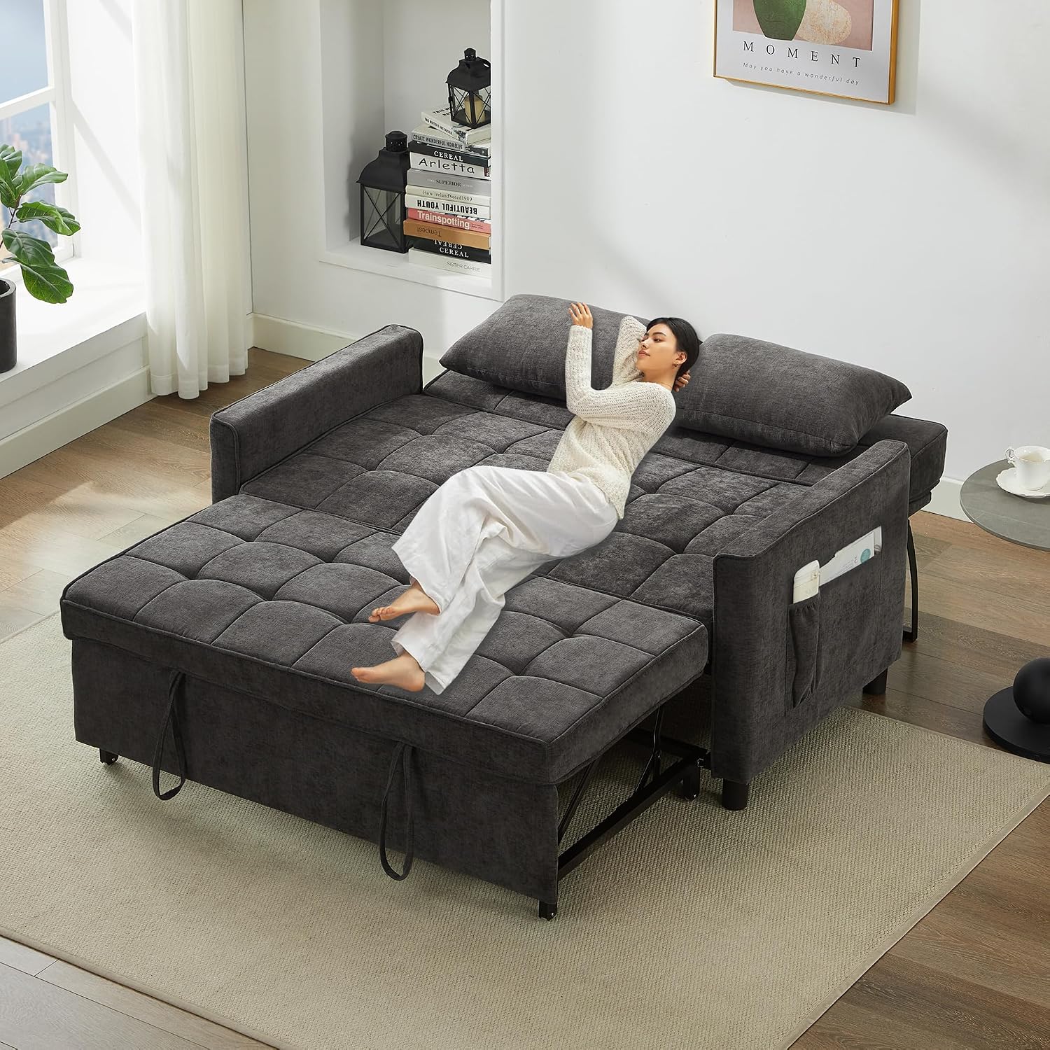 Tbfit 57' Convertible Sofa Bed, Chenille Futon Sleeper Sofa Couch with Pullout Bed, USB & Adjustable Backrest, Full Size Pull Out Loveseat Couches for Living Room, Apartment, Office, Dorm, Dark Grey