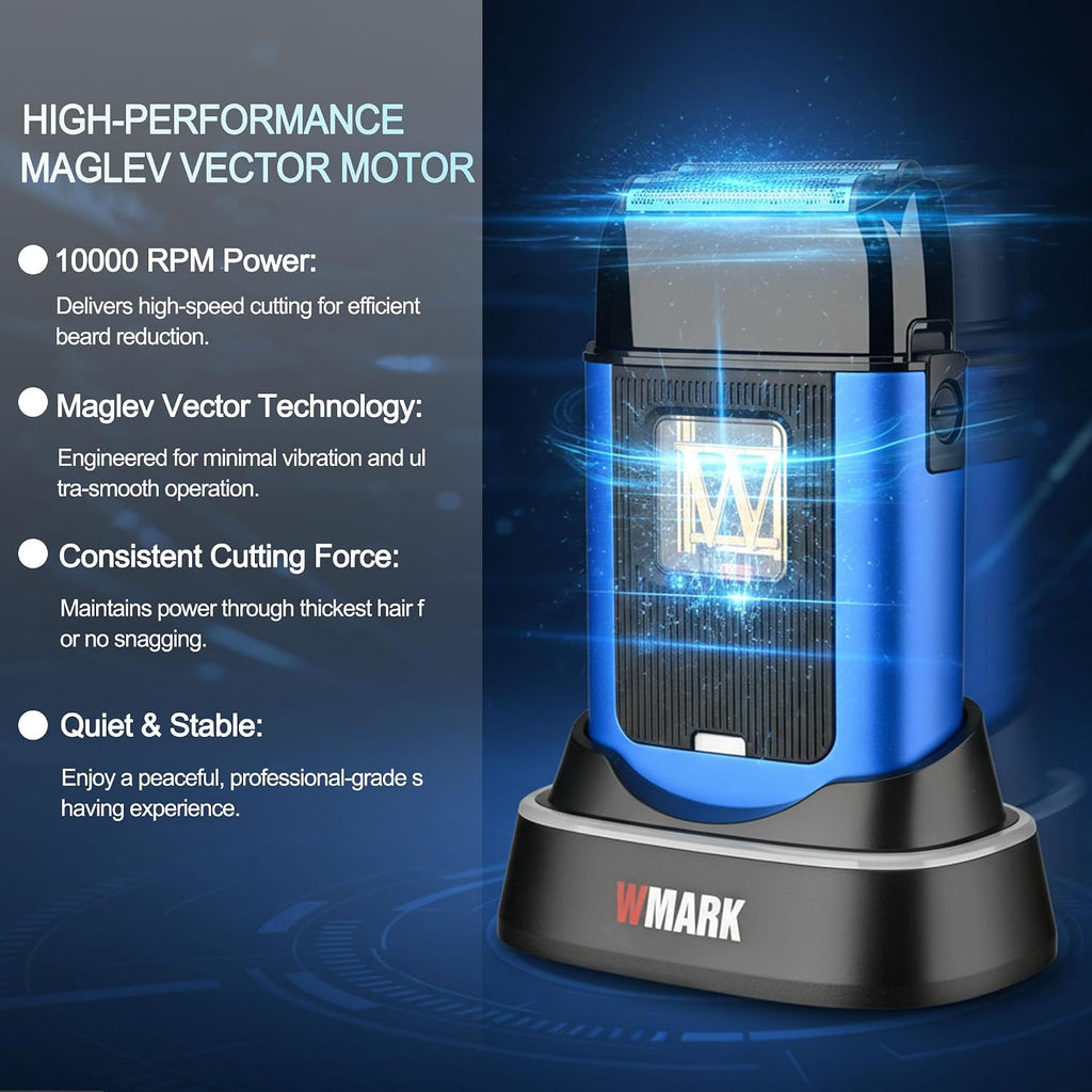 WMARK Electric Foil Shavers for Men Electric Razor for Men Cordless Beard Shaver with UV Protection, Maglev Vector Motor 10000RPM, Blue-Titanium 3-Blade Floating, USB-C Rechargeable NG-XS1 UV