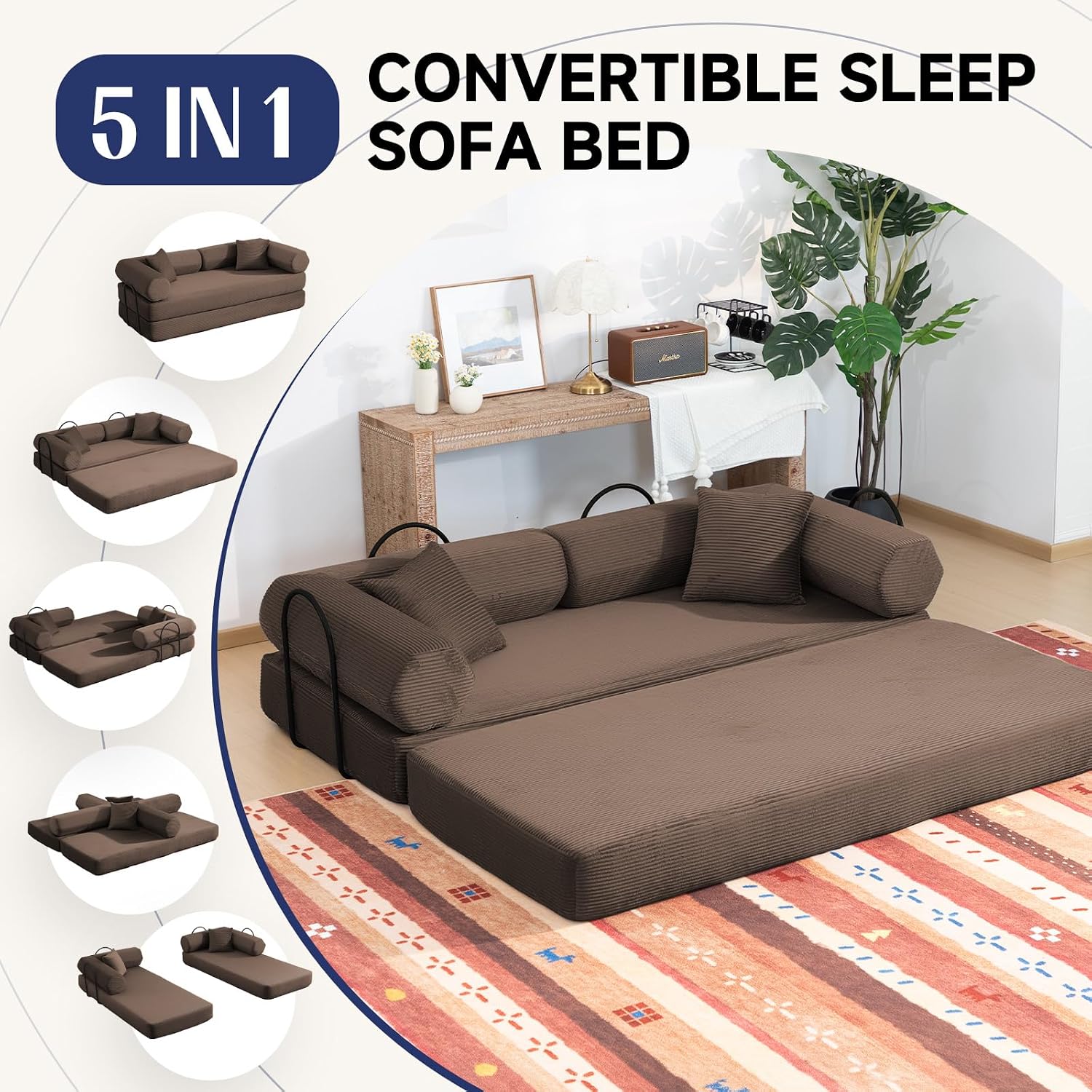 79' Boneless Couches for Living Room, Corduroy Sofa Bed with 2 Pillows,Side Pockets,Hex Arm, 5-in-1 Loveseat Sleeper Sofa for Small Spaces, High-Density Foam Couch, No Assembly, Brown