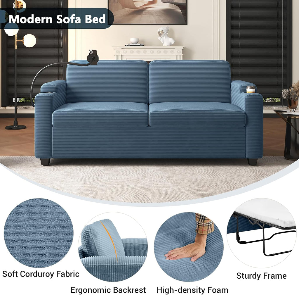 Merax Modern Corduroy Sleeper Sofa Bed with Full Size Mattress, Futon Couches with USB Ports | Phone & Cup Holders| Side Pockets,Pull Out Couch for Living Room, Small Loveseat, Navy Blue
