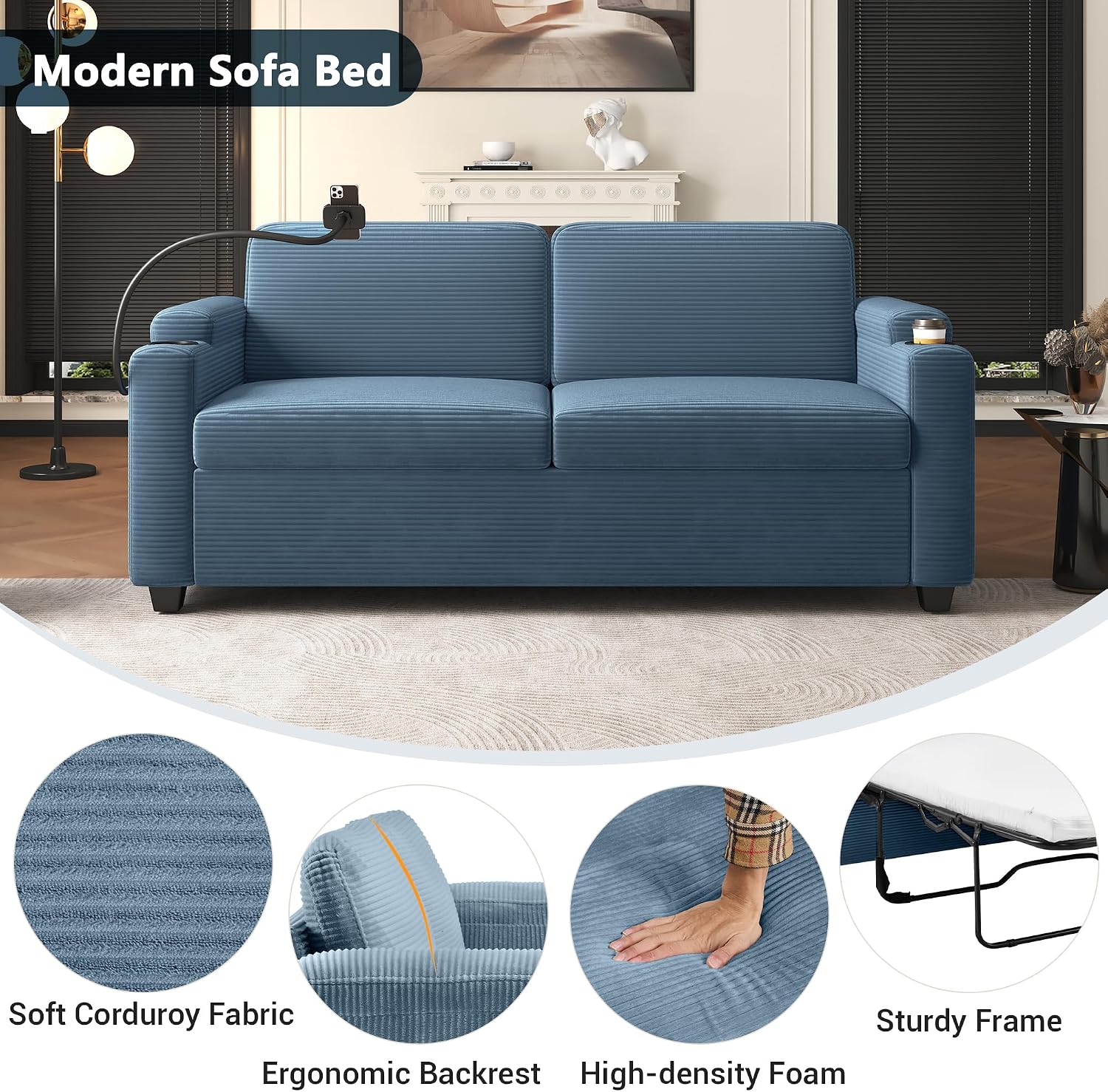 Merax Modern Corduroy Sleeper Sofa Bed with Full Size Mattress, Futon Couches with USB Ports | Phone & Cup Holders| Side Pockets,Pull Out Couch for Living Room, Small Loveseat, Navy Blue