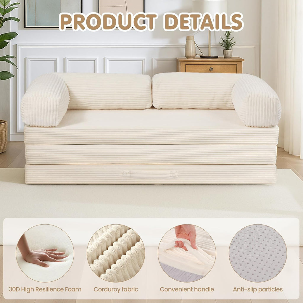 5-in-1 Convertible Sofa Bed Queen,Tri-Fold Mattress with Removable L-Shaped Armrests,Corduroy Boneless Couch Floor Sofa Futon Couch Sleeper with Pull Out Bed for Living Room Bedroom Apartment