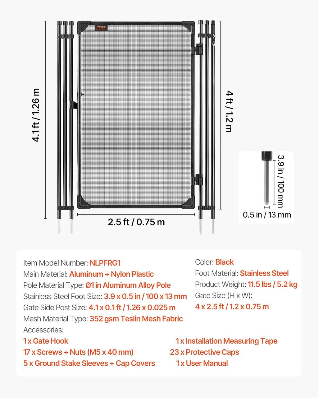 VEVOR Pool Fence, 4 x 2.5 FT Pool Gate for Inground Pools, Pool Safety Fence Gate Kit with Stainless Steel Latch, Removable Child Safety Pool Fencing, Black, 4FTx2.5FT