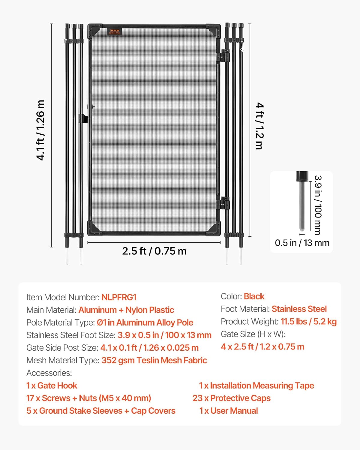 VEVOR Pool Fence, 4 x 2.5 FT Pool Gate for Inground Pools, Pool Safety Fence Gate Kit with Stainless Steel Latch, Removable Child Safety Pool Fencing, Black, 4FTx2.5FT