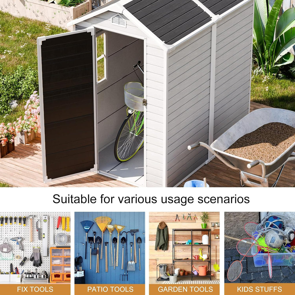 Restland 4x6 FT Resin Storage Shed with Floor Outdoor Waterproof Plastic Shed with Window & Lockable Door Large Tool Garden Sheds for Backyard, Poolside, Patio