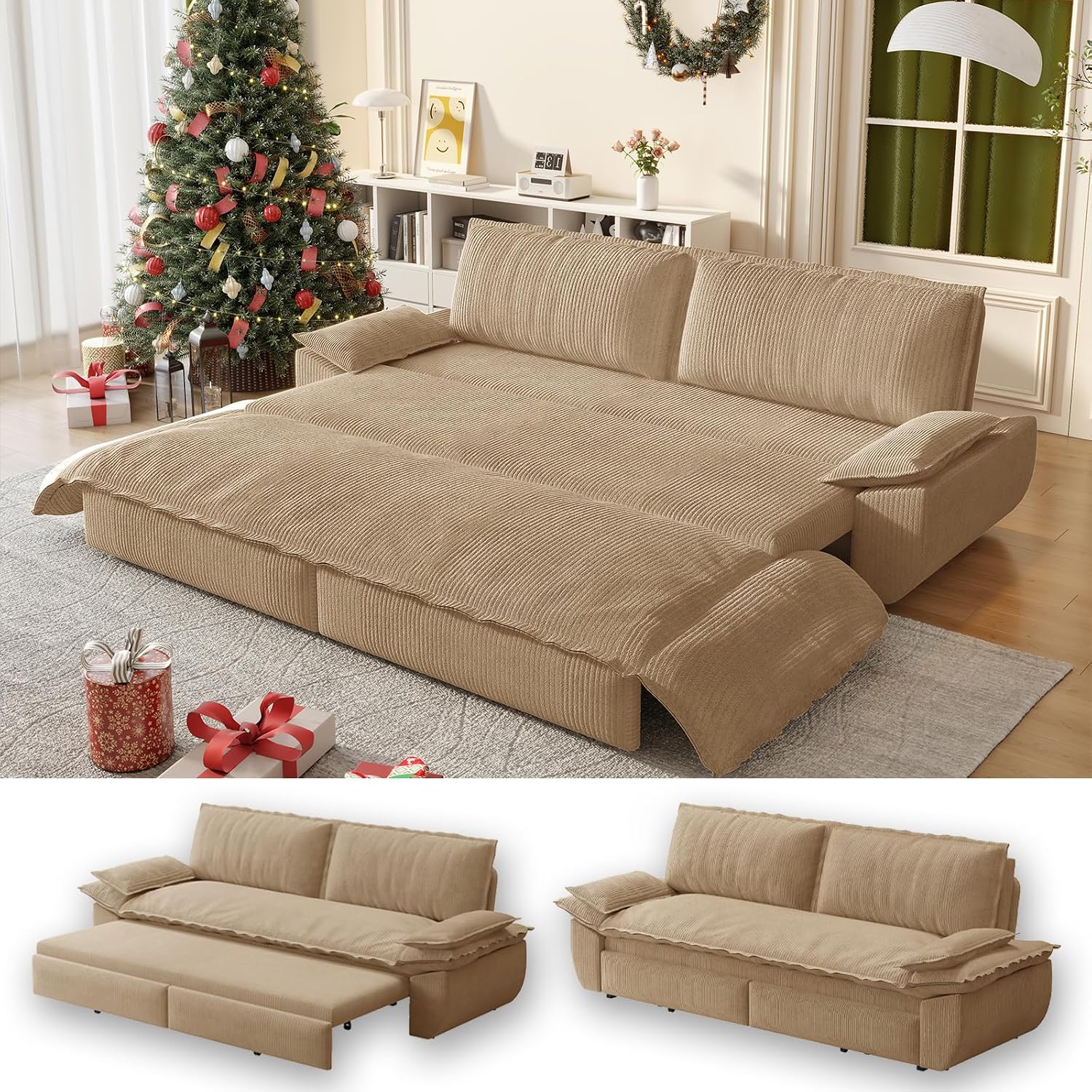 73.2' Sofa Bed Queen Size, Pull Out Couch Bed, 3-in-1 Convertible Sleeper Sofa with Cushion Armrest, Modern Corduroy Futon Couch for Living Room, Small Space, Apartment, Bedroom, Camel