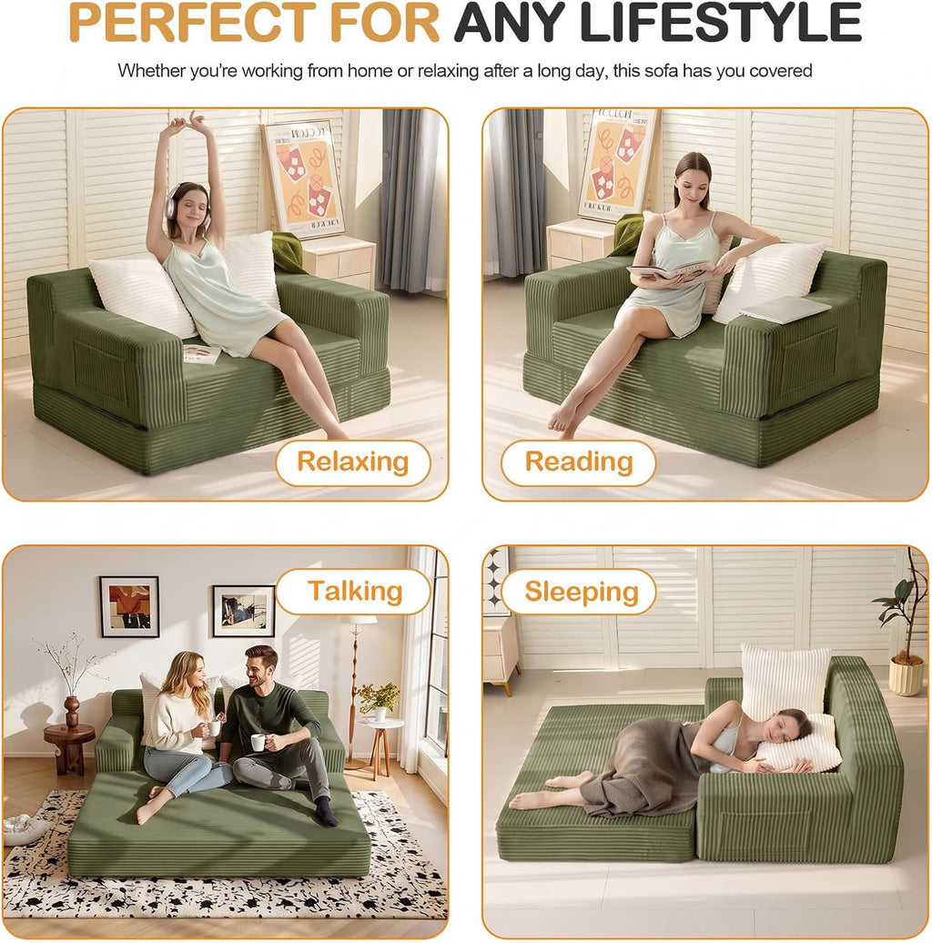 Erament Boneless Loveseat Convertible Sofa Bed, Folding Floor Futon Sleeper Sofa Couch Bed- Boneless Foldable Couch, Corduroy Pull Out Sofa Bed with 2 Pillows for Living Room & Bedroom