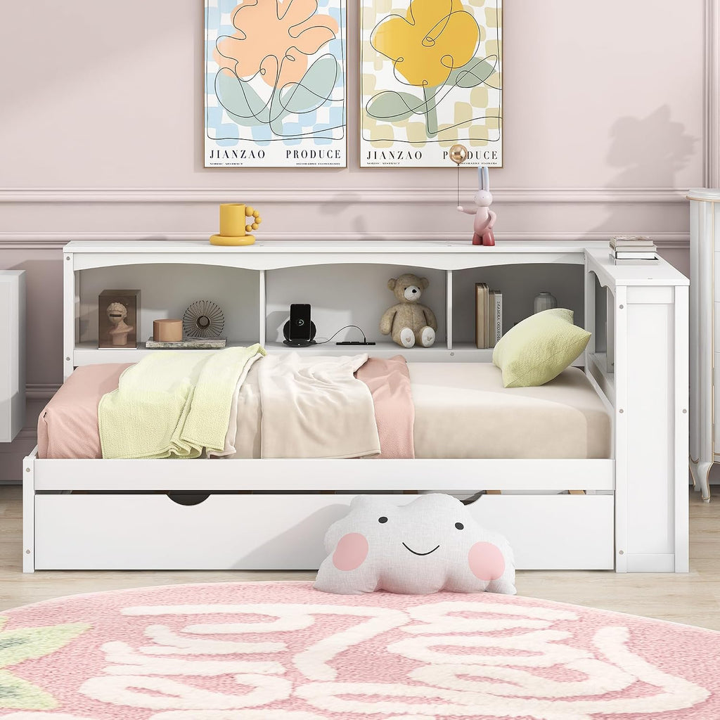 Harper & Bright Designs Wood Twin Size Daybed with Trundle, Storage Bookcases, and USB Ports, Twin Platform Bed with Headboard, Twin Size Sofa Bed Frame for Bedroom Living Room (White)