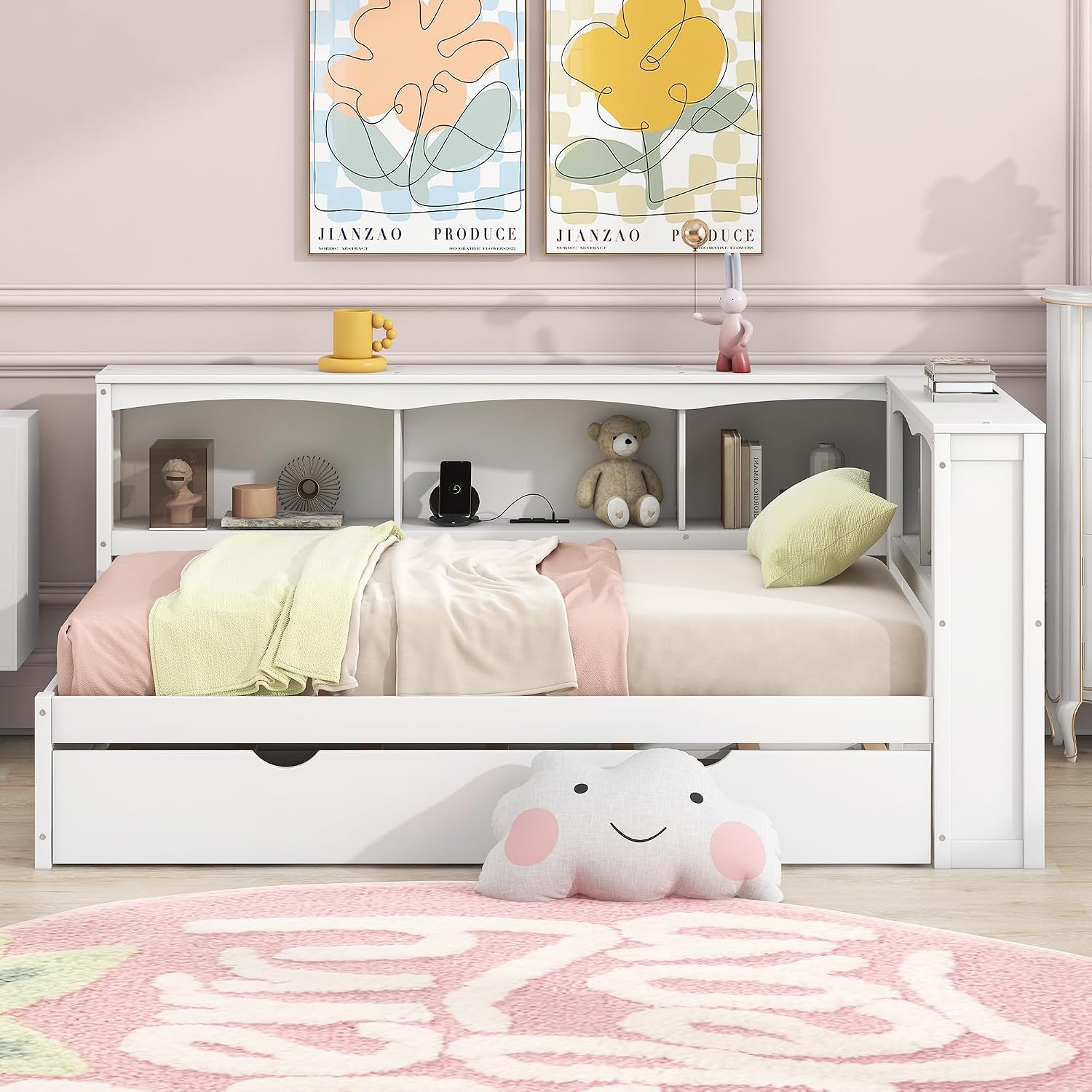 Harper & Bright Designs Wood Twin Size Daybed with Trundle, Storage Bookcases, and USB Ports, Twin Platform Bed with Headboard, Twin Size Sofa Bed Frame for Bedroom Living Room (White)